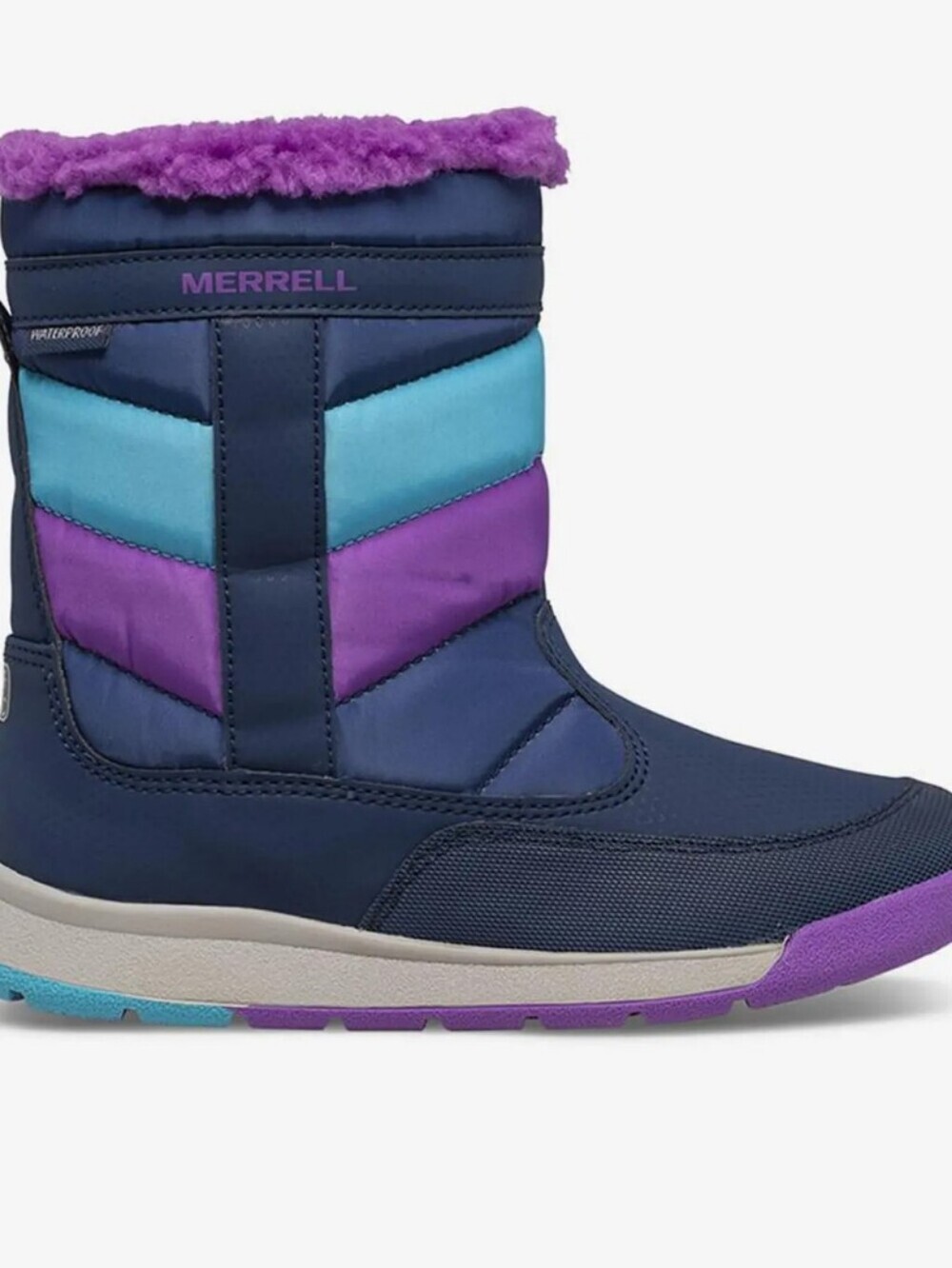 Merrell Alpine Puffer Waterproof boots for kids in a navy, turquoise, and purple